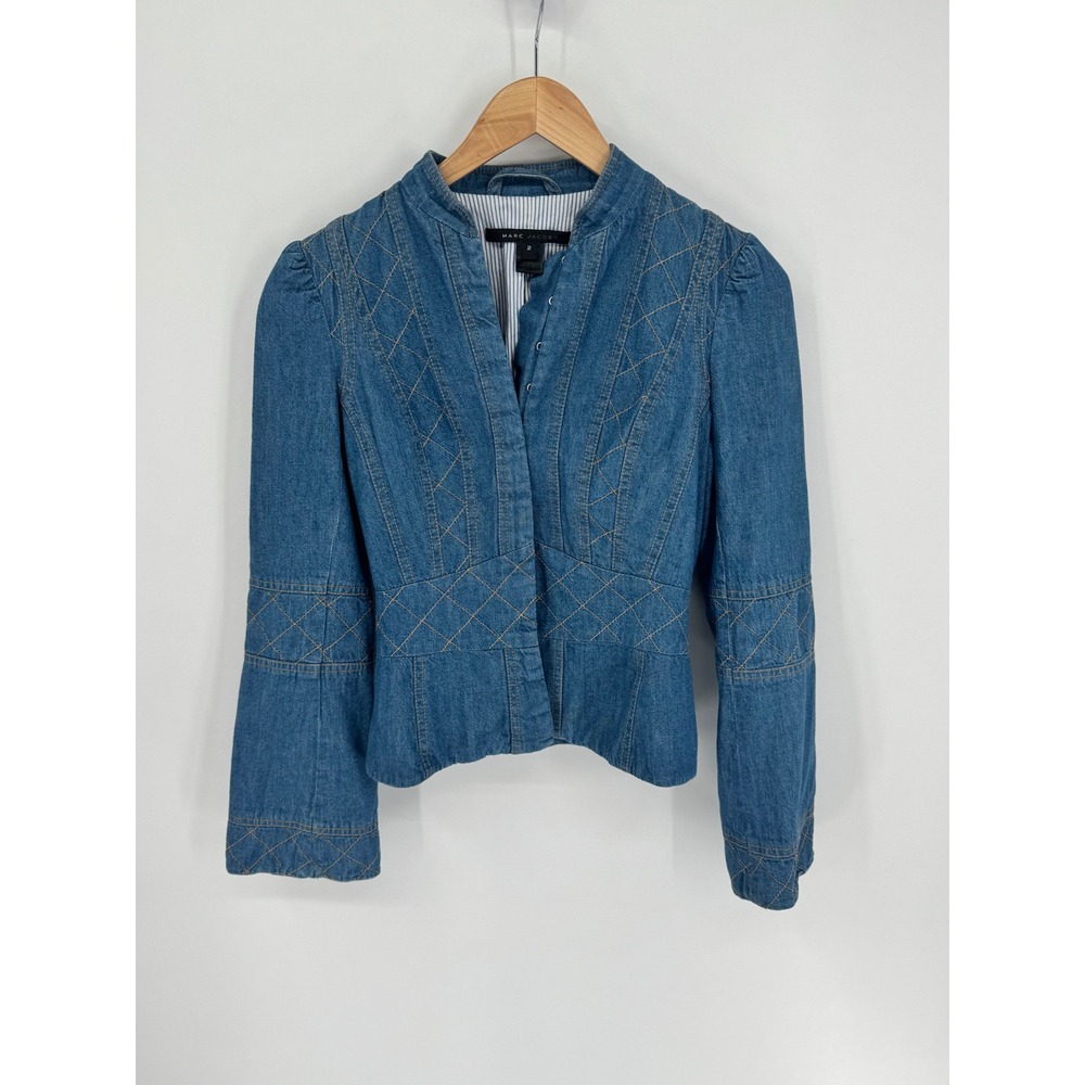 Marc Jacobs Denim Jacket Women Size 2 Blue Quilted Stitching Hook & Eye